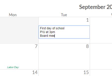 Screenshot of text entry in CalendarsQuick web schedule