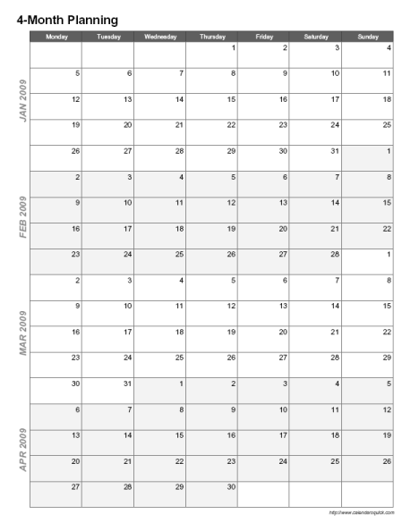 Printable 4 Month Calendar Calendar Templates