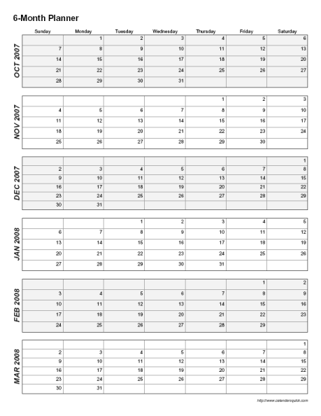 Printable 6-Month Calendar - CalendarsQuick