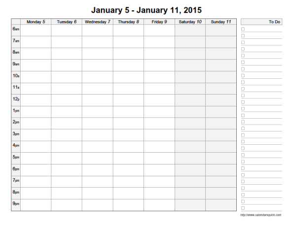 Standard Weekly Printable Calendar - CalendarsQuick